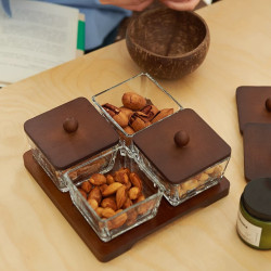 Wooden & Glass Serving Platter with Wooden Stand - 4 Pieces